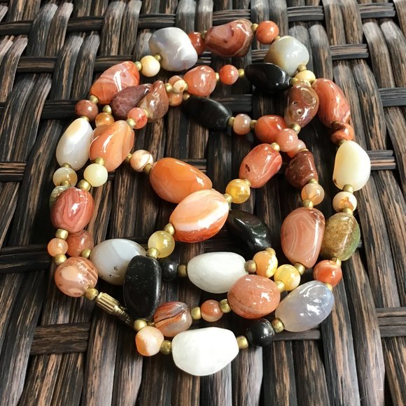 Vintage Polished Gemstone Beaded Necklace 34" Long Weighty Earth Tones - Picture 5 of 16